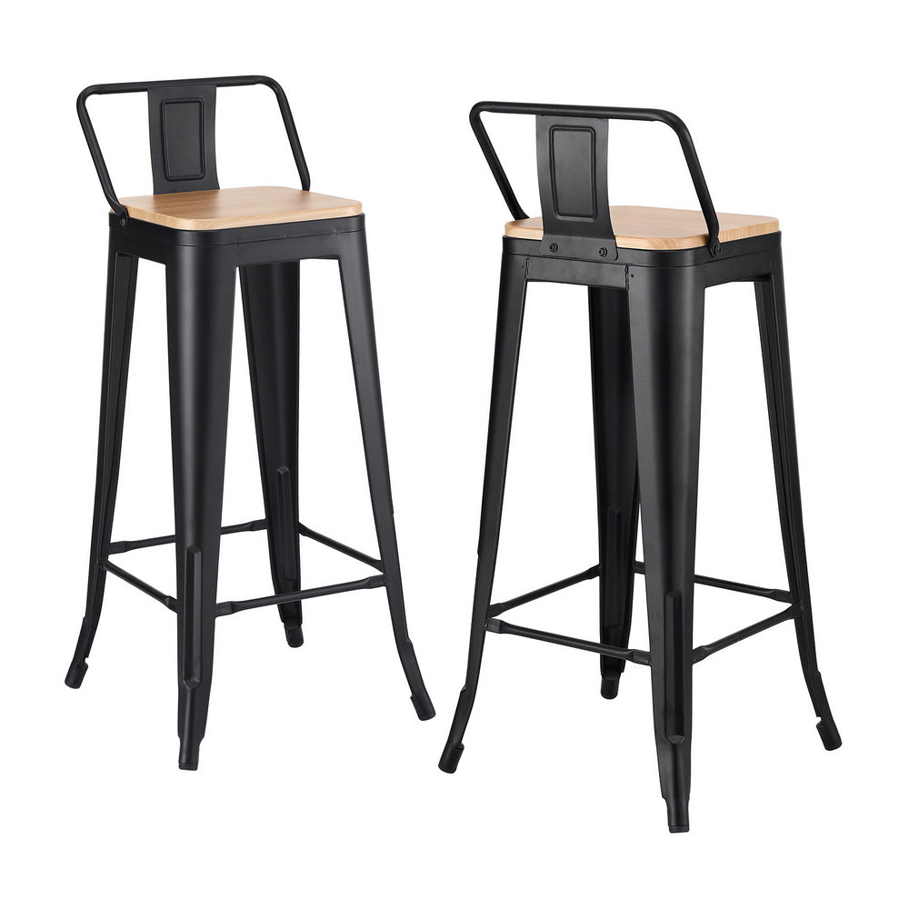 Two black metal bar stools with wooden seats on a white background