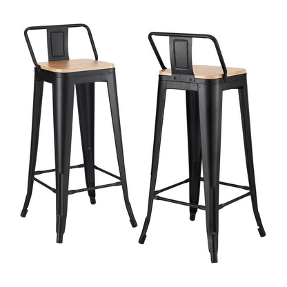 Two black metal bar stools with wooden seats on a white background