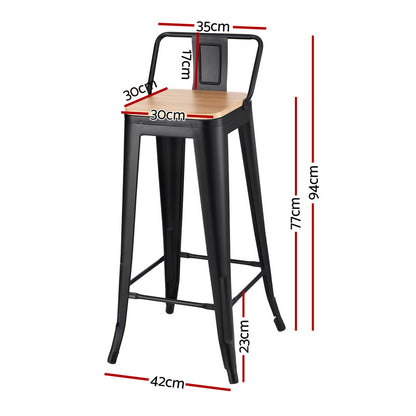 Black bar stool with wooden seat and dimensions marked on a white background
