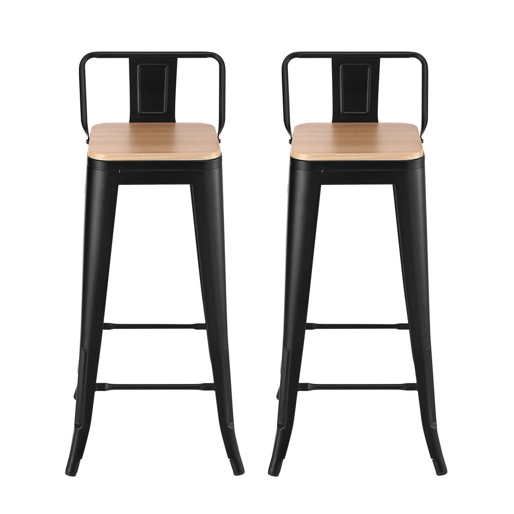 Two black bar stools with wooden seats on a white background