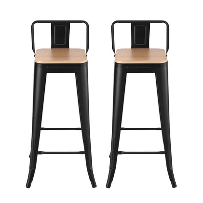 Two black bar stools with wooden seats on a white background