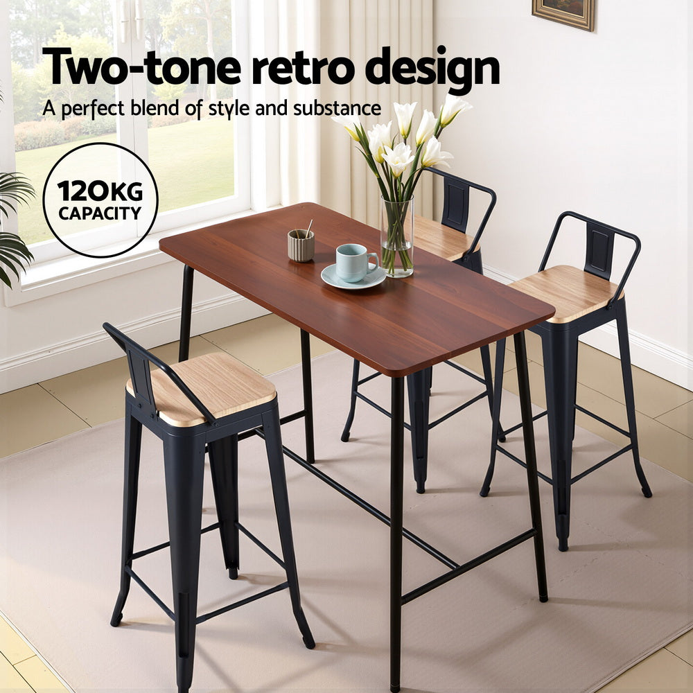 Two-tone retro design table and chairs with a 120KG capacity label.