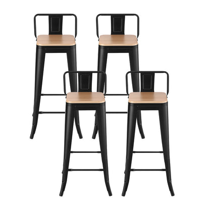Four black metal bar stools with wooden seats on a white background
