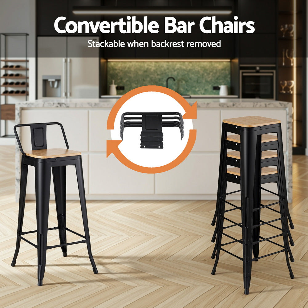 Convertible bar chairs with black metal frames and wooden seats in a kitchen setting.