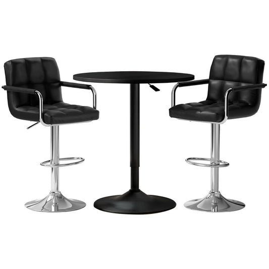 Black round table with two black leather bar stools on a white background