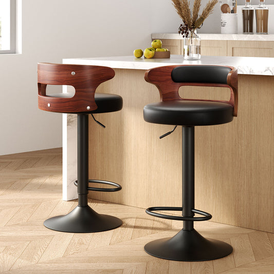2 x Leather Gas Lift Bar Stools All Black