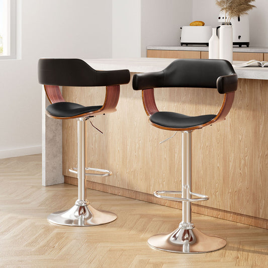 2 x Leather Gas Lift Bar Stools w/Armrest Chrome Black