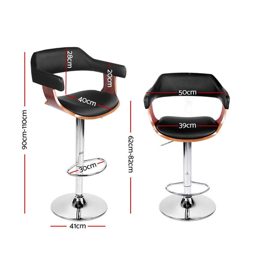 2 x Leather Gas Lift Bar Stools w/Armrest Chrome Black