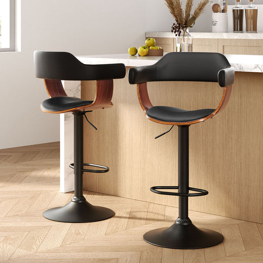 2 x Leather Gas Lift Bar Stools w/Armrest All Black