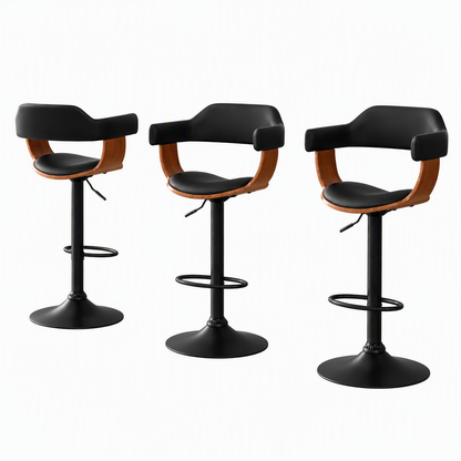 Three modern bar stools with black faux-leather seats and curved brown wooden armrests, shown on a clean white background.