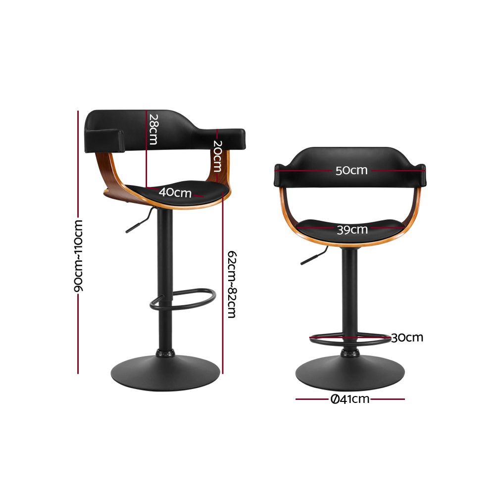 Two black bar stools with measurements on a white background