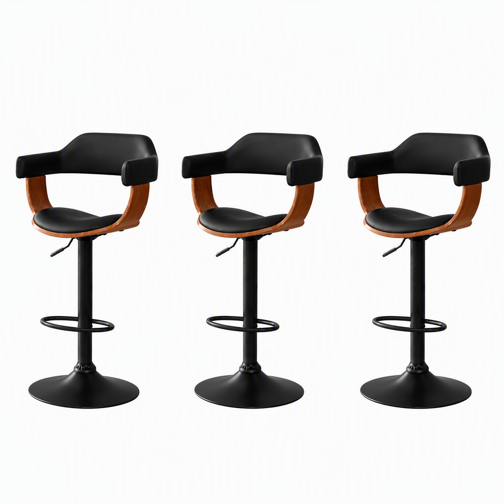 Three matching bar stools with black seats and curved brown wooden armrests, shown side by side on a plain white background.