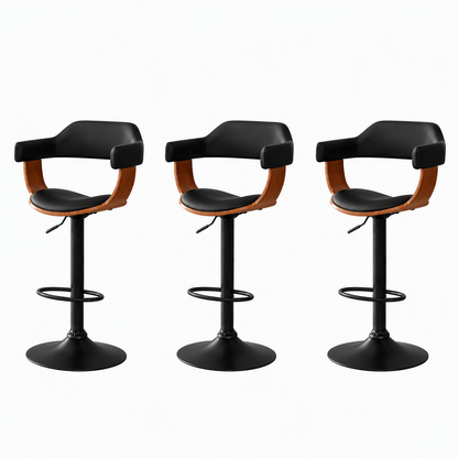 Three matching bar stools with black seats and curved brown wooden armrests, shown side by side on a plain white background.