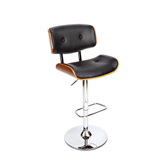 Leather Curved Timber Seat Gas Lift Bar Stool Chrome Black