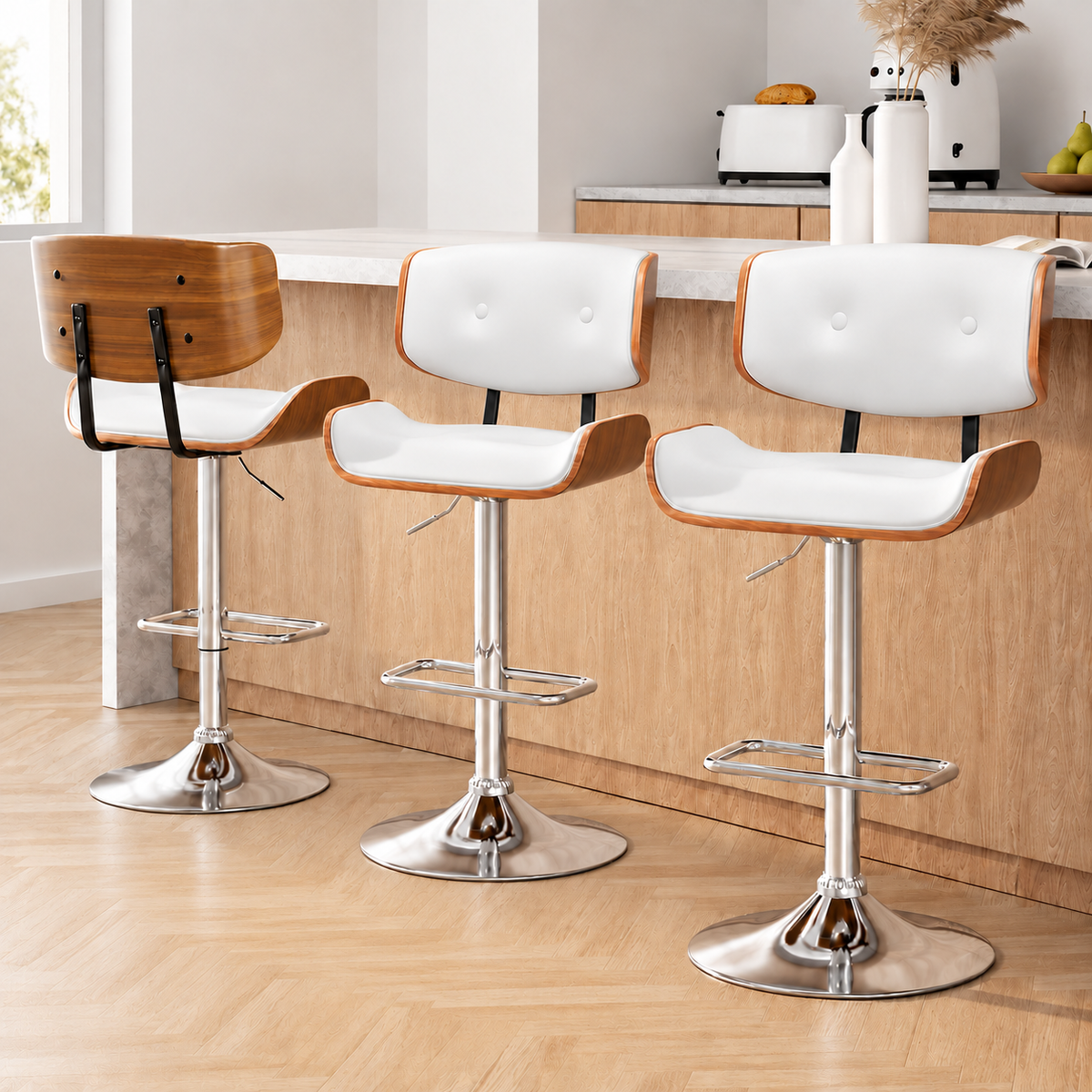 Jace Adjustable Leather Swivel Bar Stools – White & Chrome (Set of 3)