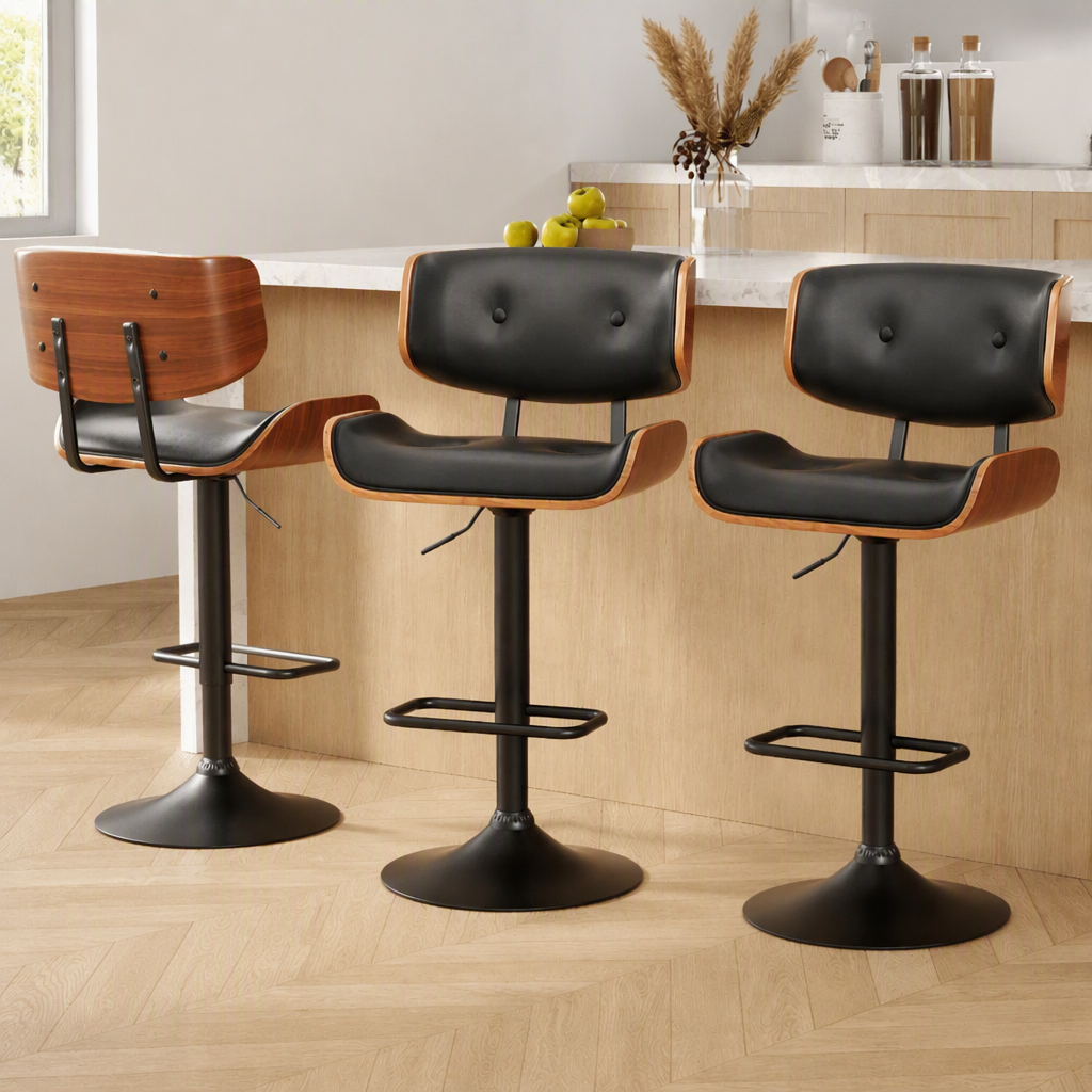 Jace Adjustable Leather Swivel Bar Stools – Black (Set of 3)