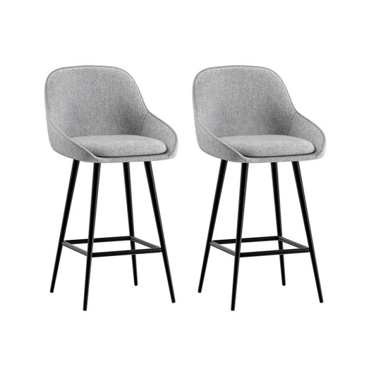 Two gray bar stools with black legs on a white background