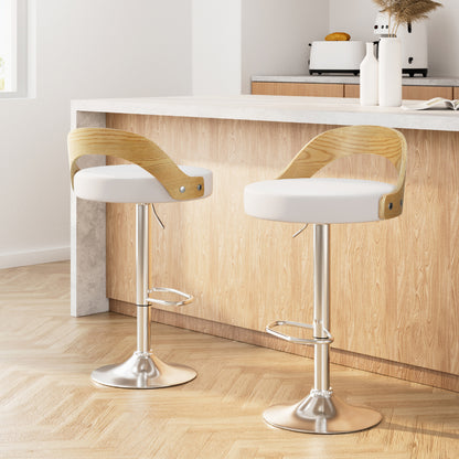 2 x Leather Gas Lift Timber Backrest Bar Stools White