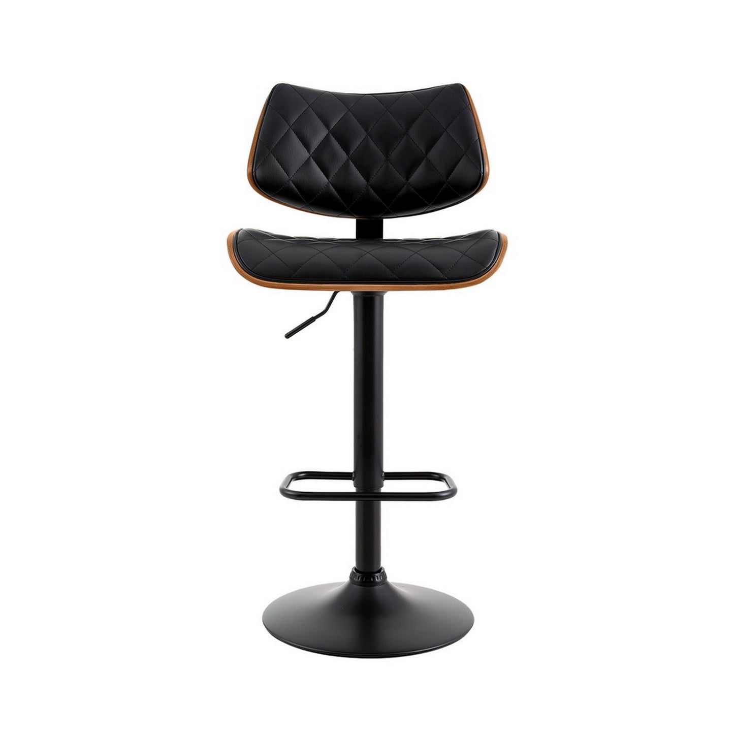 Black quilted bar stool with wooden accents on a white background