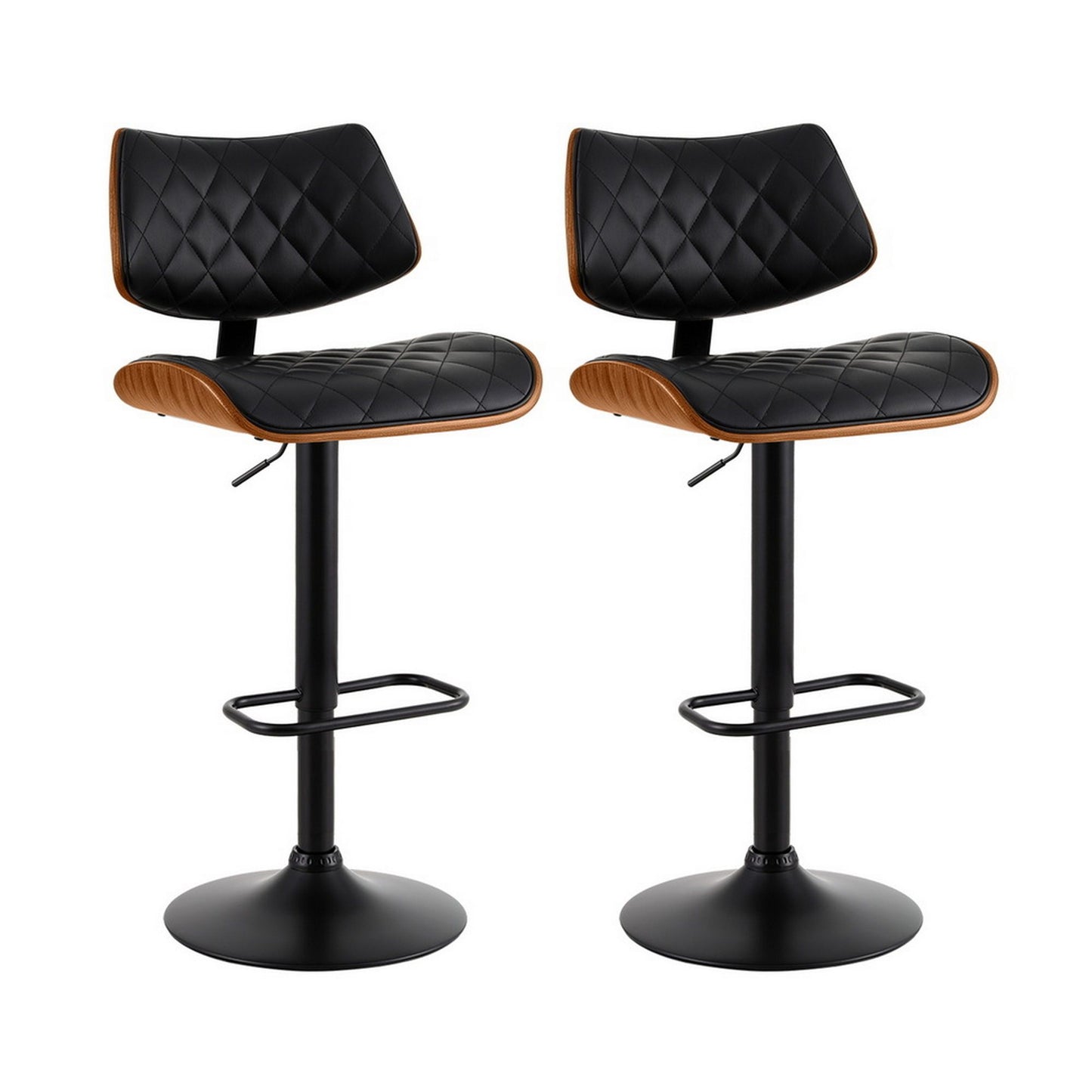 Two black quilted bar stools on a white background