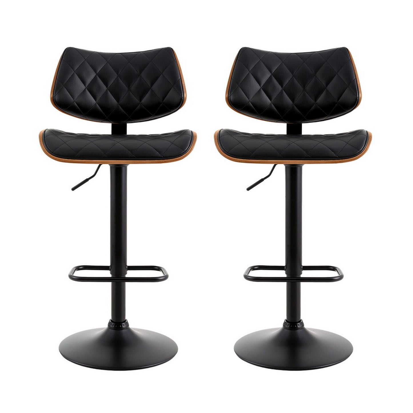 Two black quilted bar stools with wooden accents on a white background