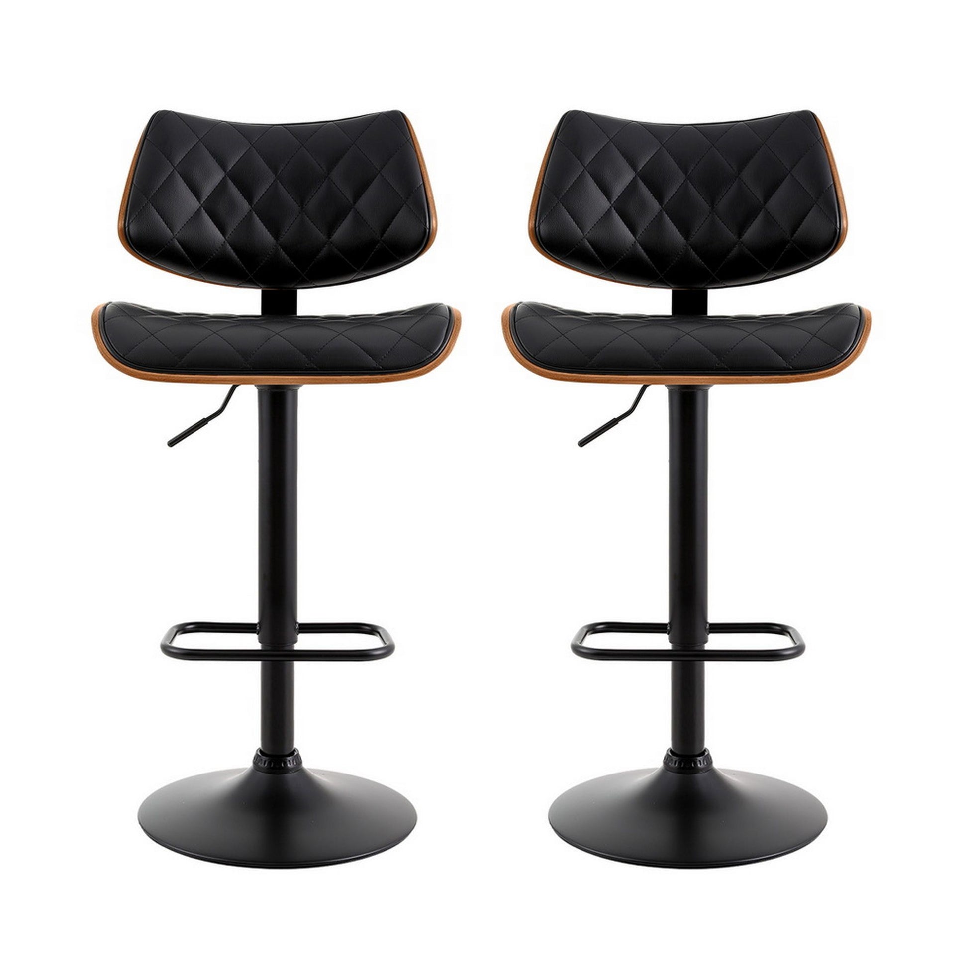 Two black quilted bar stools with wooden accents on a white background