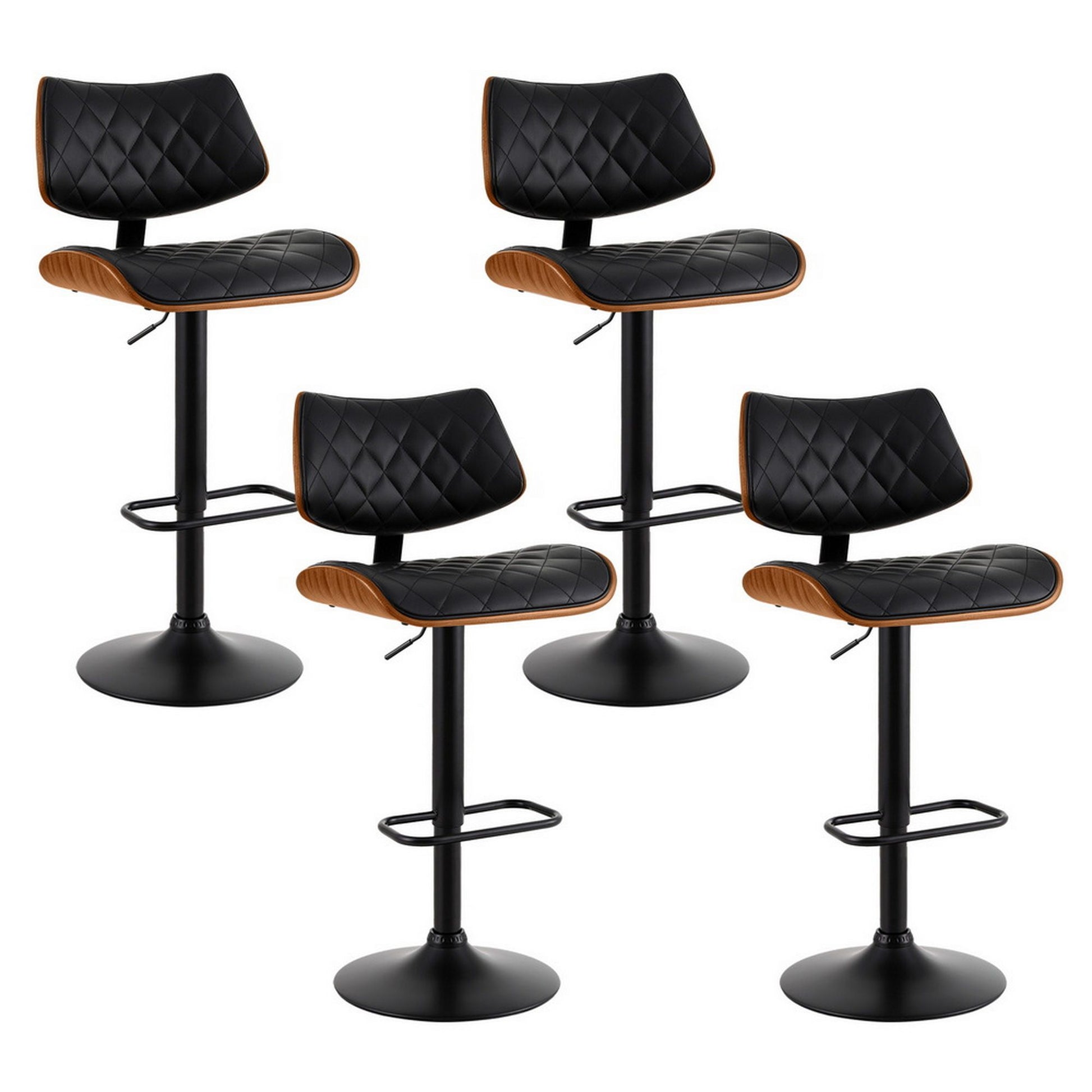 Four black quilted bar stools on a white background