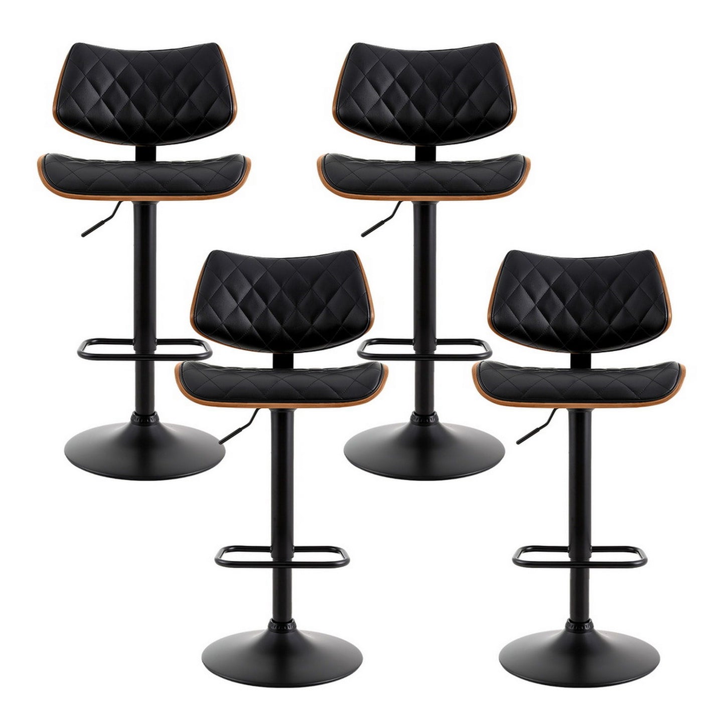 Four black quilted bar stools with wooden accents on a white background