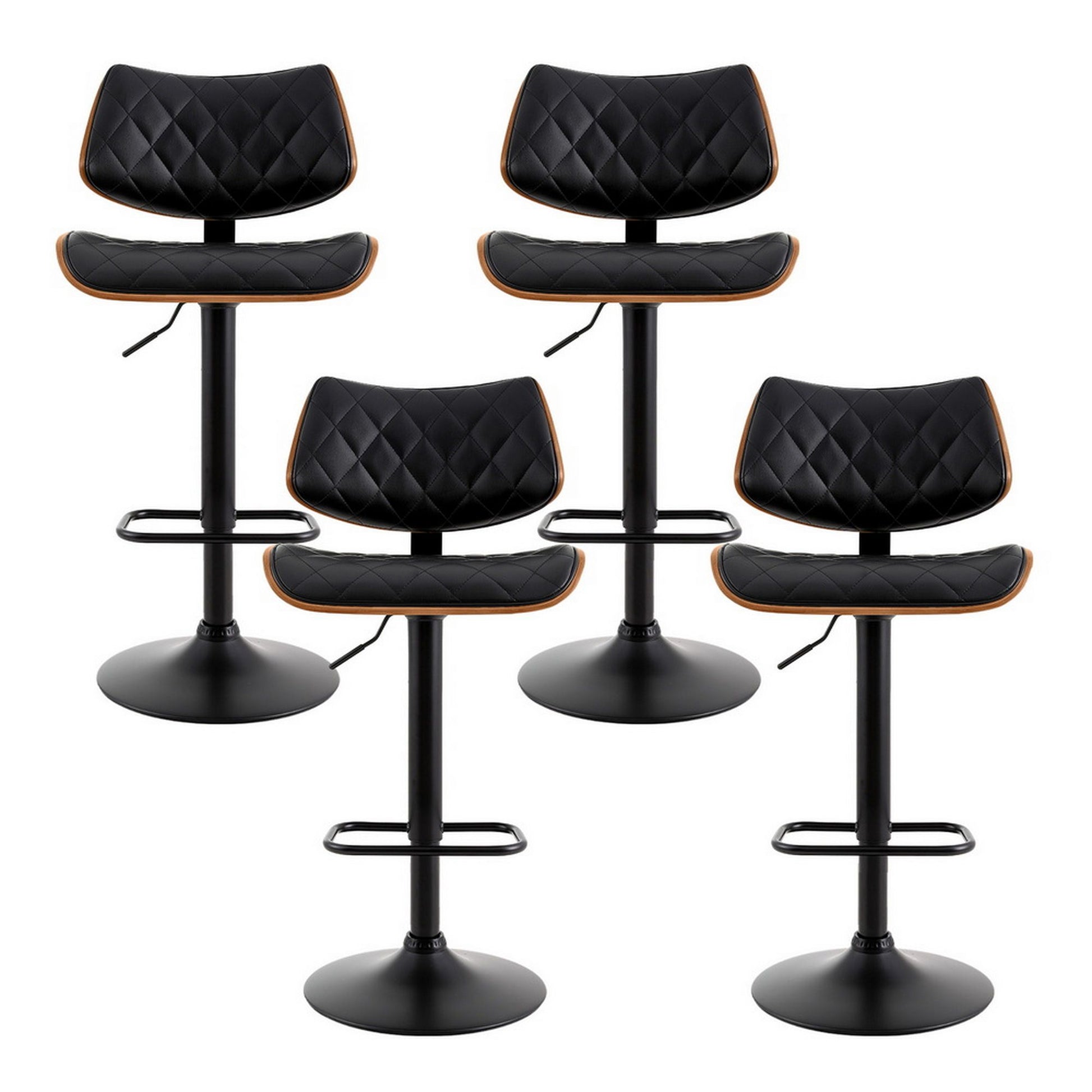 Four black quilted bar stools with wooden accents on a white background