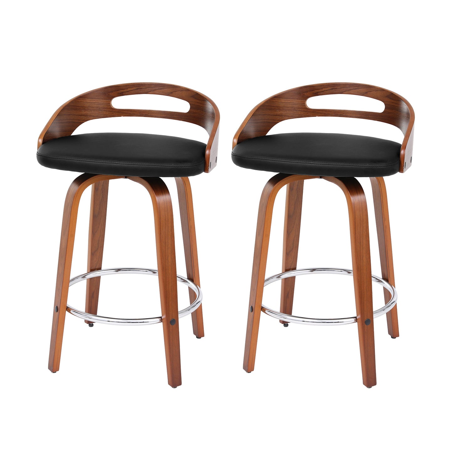 Two wooden bar stools with black seats on a white background