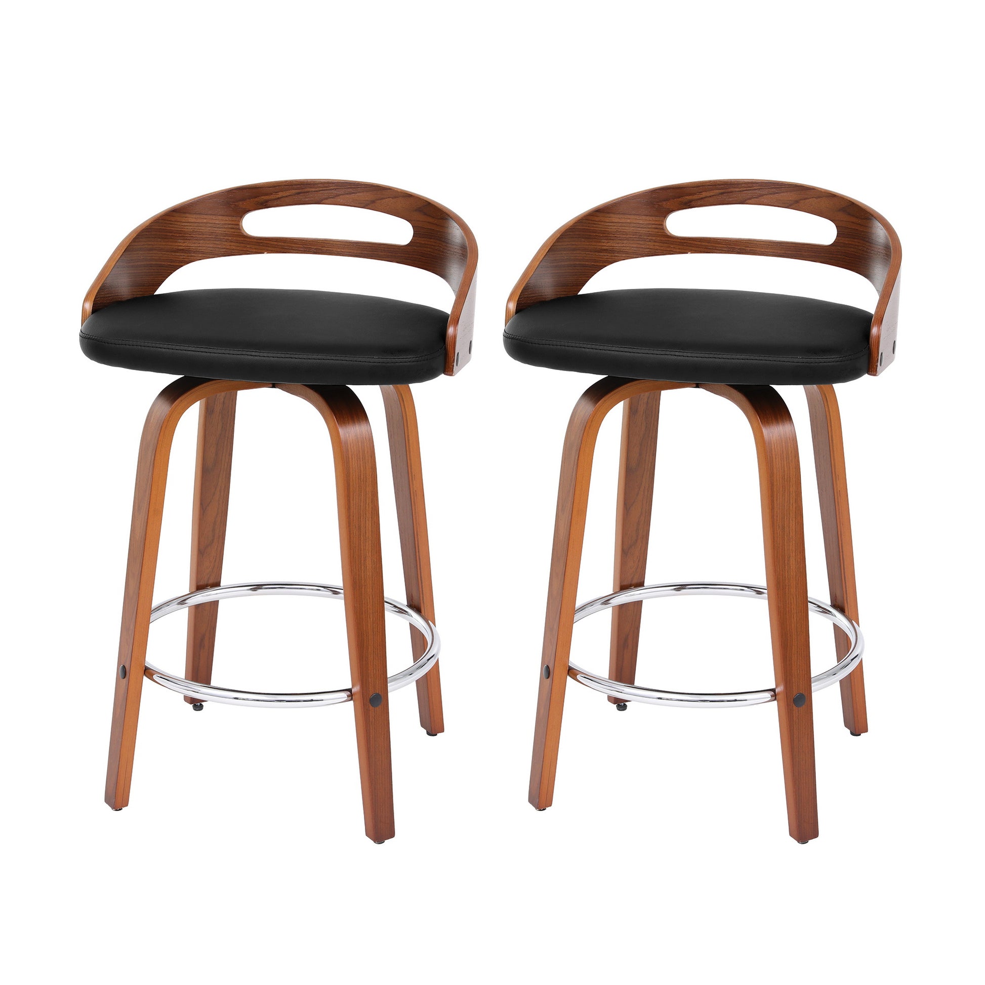 Two wooden bar stools with black seats on a white background