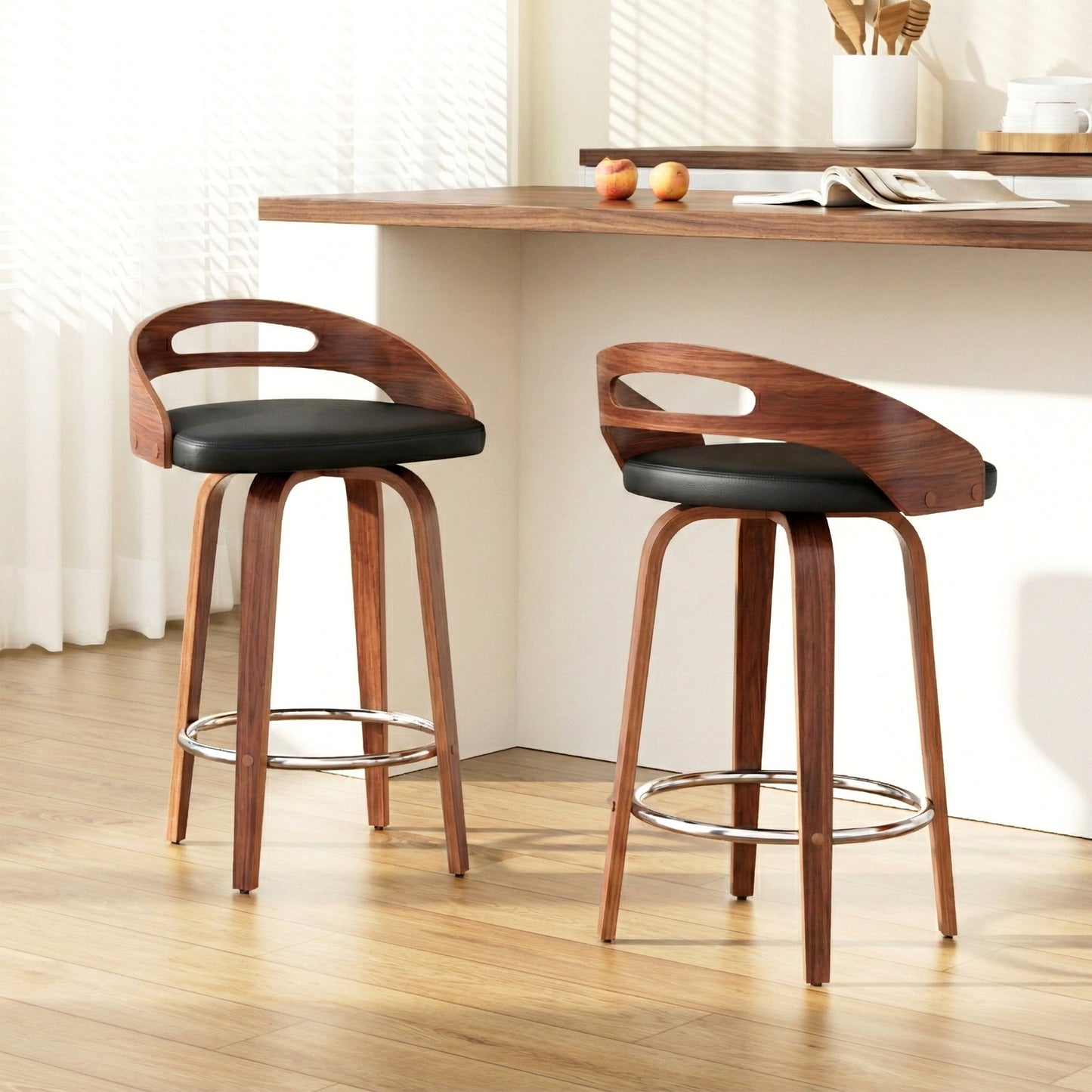 Brennan Leather Swivel Bar Stools – Black 66cm (Set of 2)