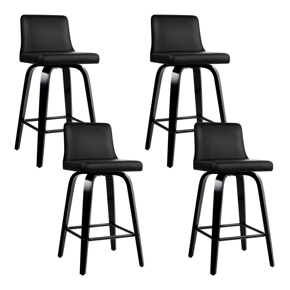 4 x Leather Swivel Bar Stools Wooden Black