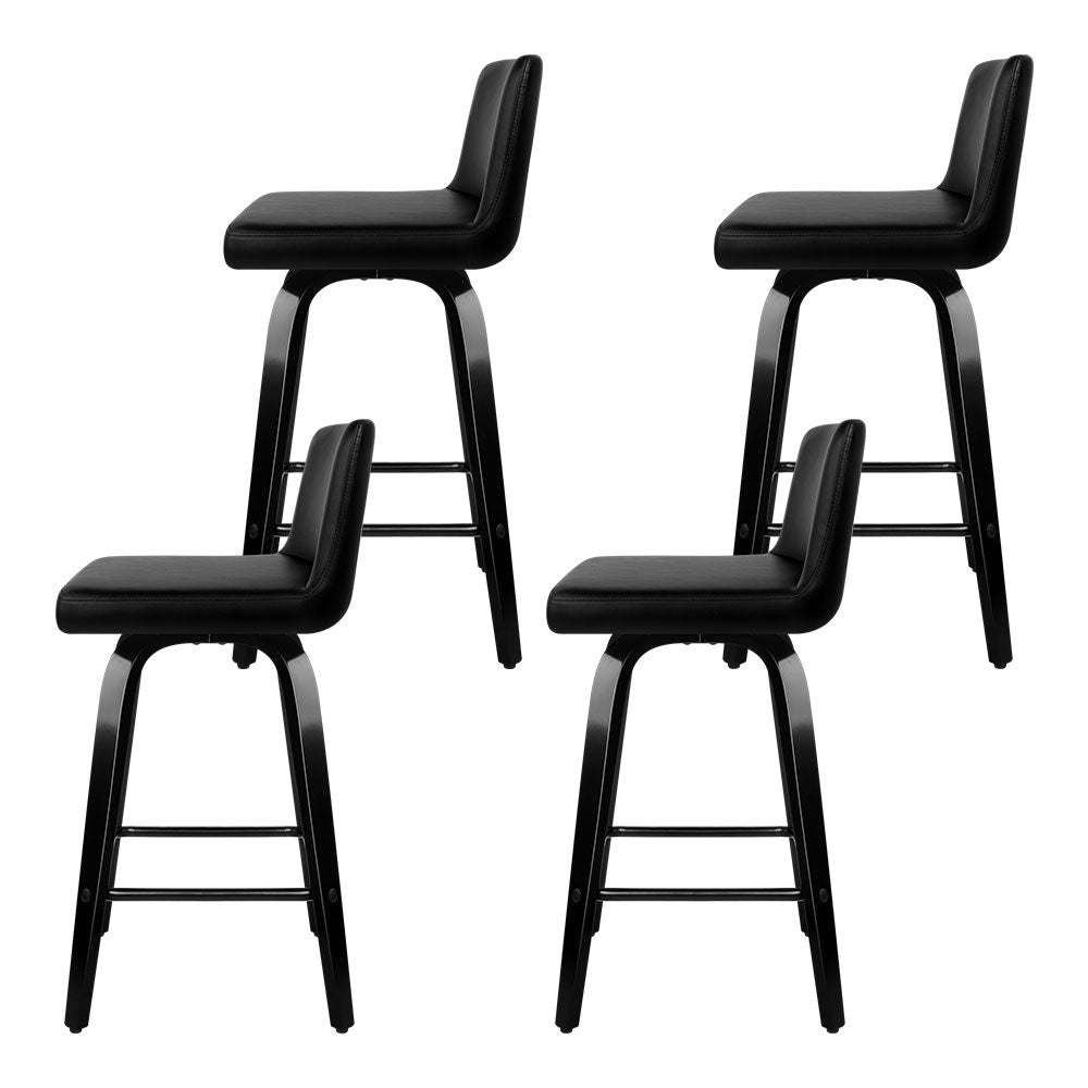 4 x Leather Swivel Bar Stools Wooden Black