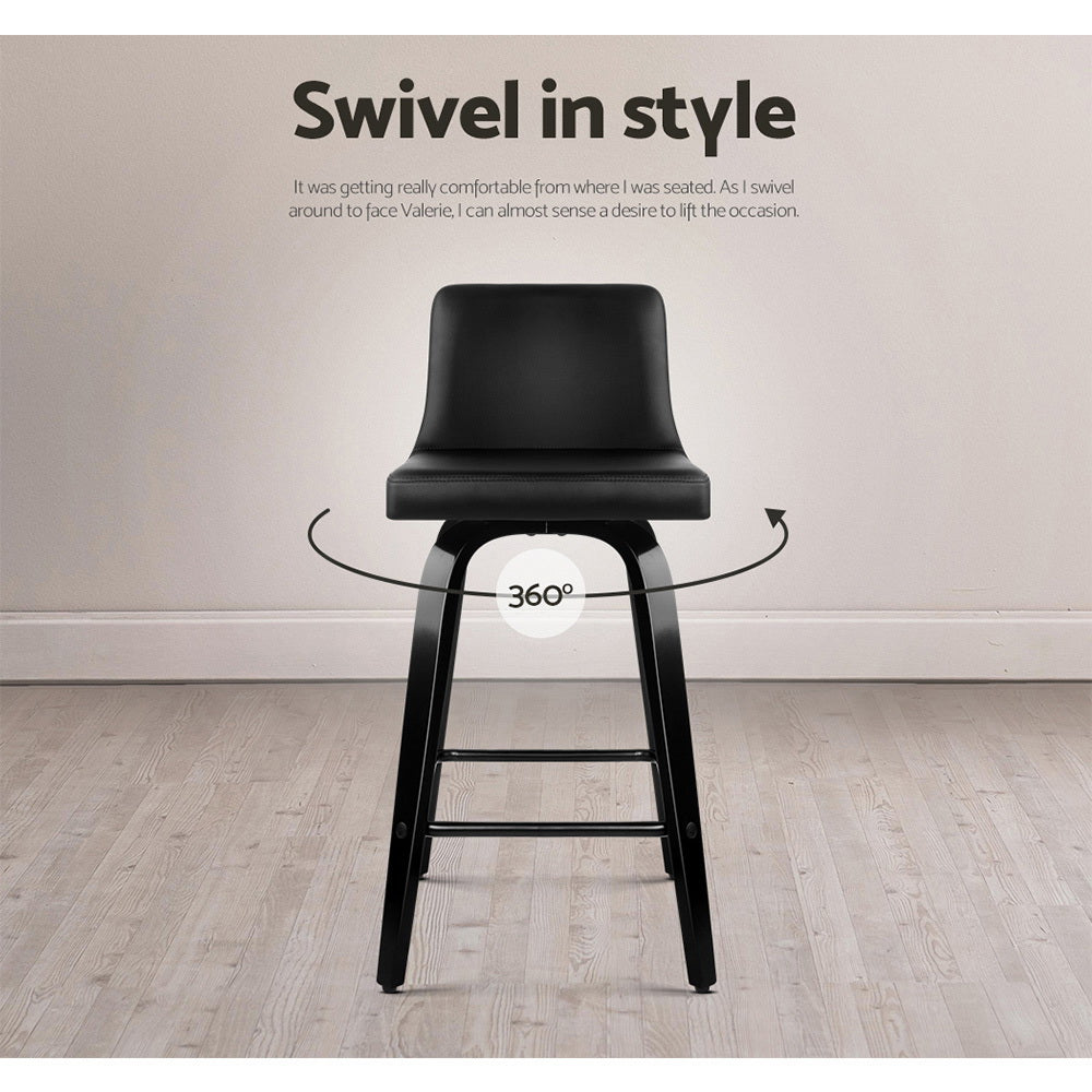 4 x Leather Swivel Bar Stools Wooden Black