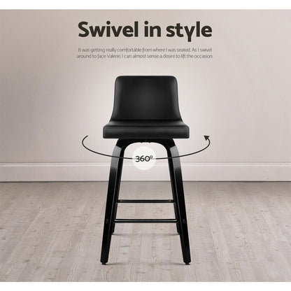 4 x Leather Swivel Bar Stools Wooden Black