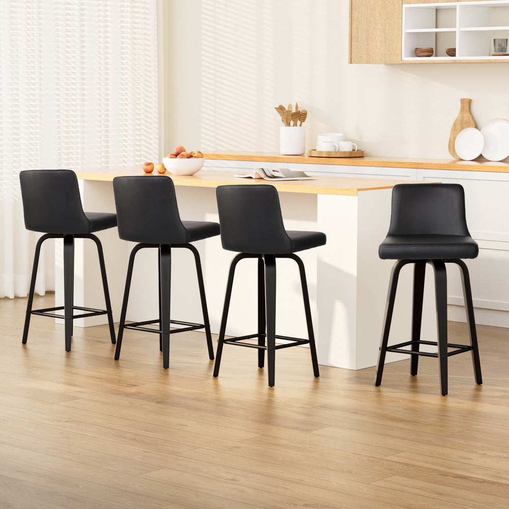 4 x Leather Swivel Bar Stools Wooden Black