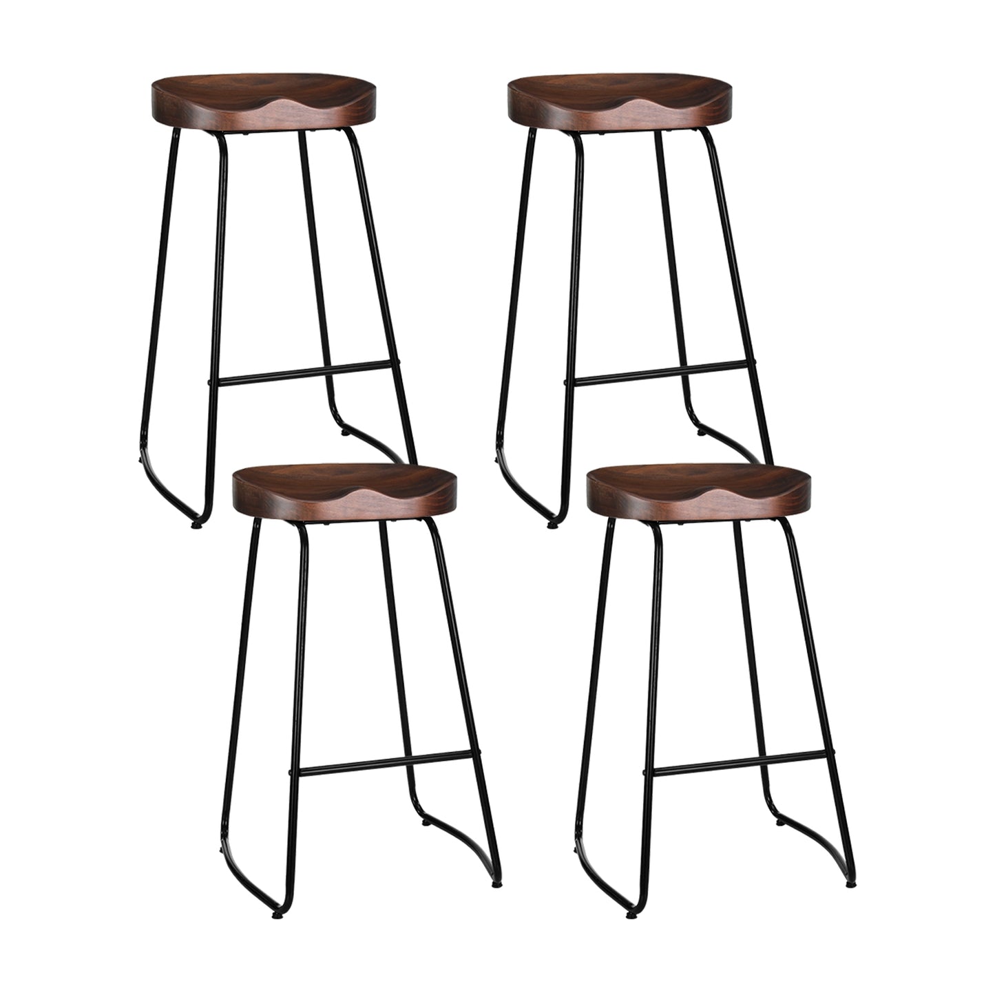 Four bar stools with tractor wooden seats and metal frames on a white background