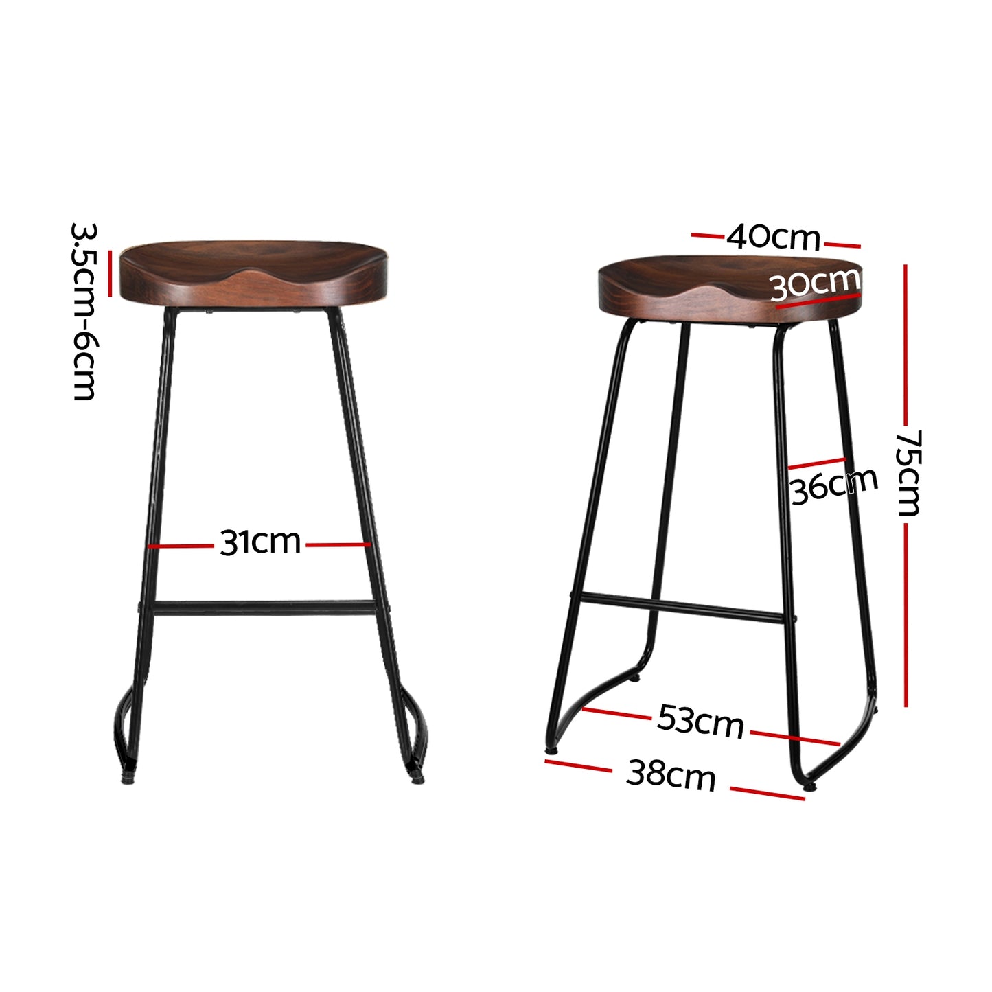 Two tractor seat bar stools with dimensions labeled on a white background