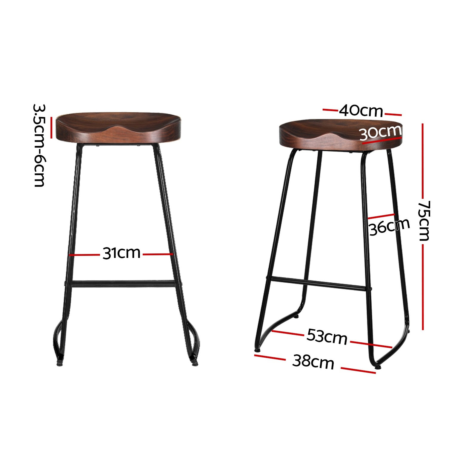 Two tractor seat bar stools with dimensions labeled on a white background