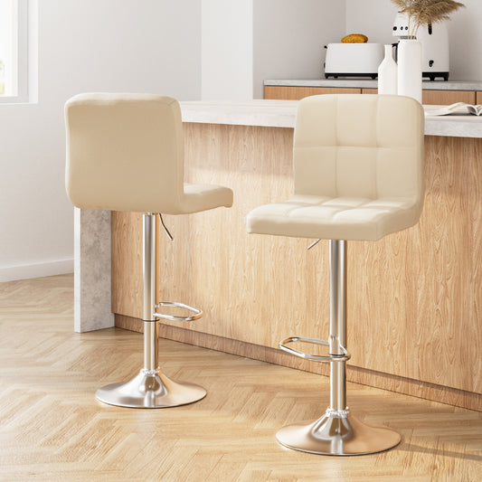 2 x Leather Gas Lift Bar Stools Beige