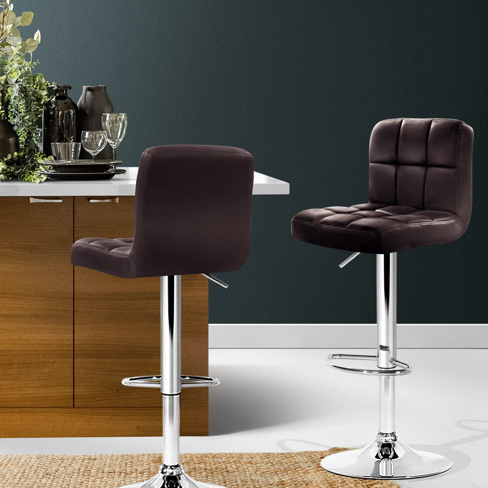 2 x Leather Gas Lift Bar Stools Brown