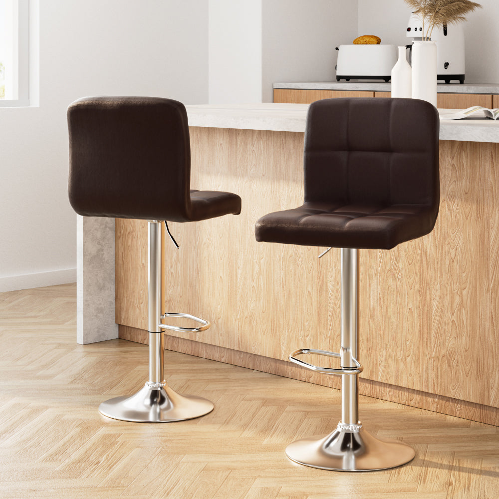 2 x Leather Gas Lift Bar Stools Brown