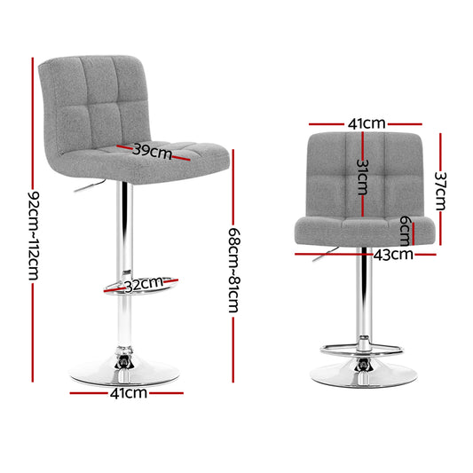 4 x Linen Fabric Padded Gas Lift Bar Stools Grey