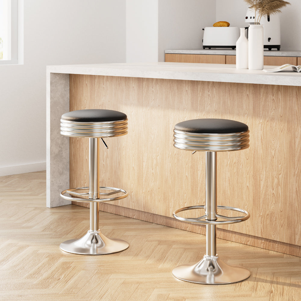 2 x Leather Swivel Bar Stools Chrome and Black