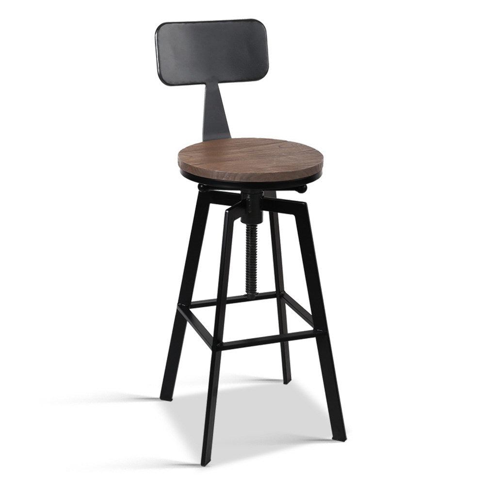 Swivel Adjustable Industrial Bar Stool w/backrest – Black Metal Frame & Elm Wood Seat