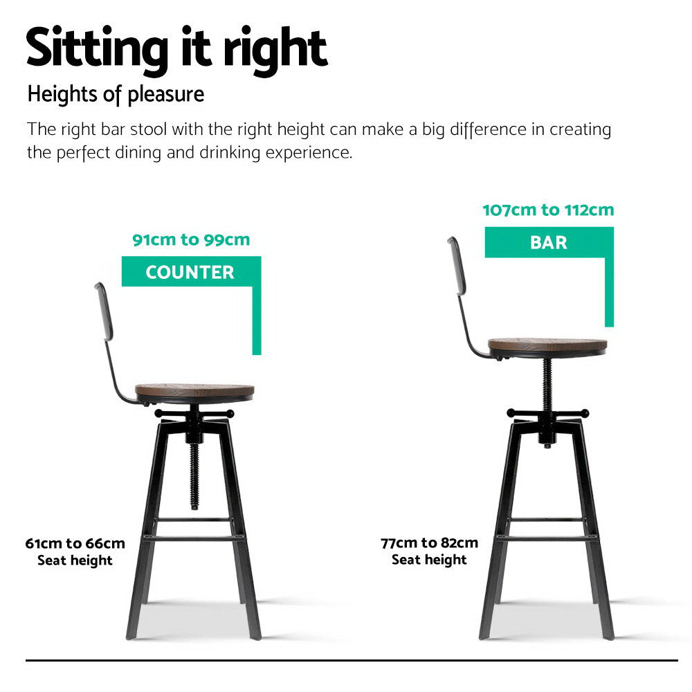 Swivel Adjustable Industrial Bar Stool w/backrest – Black Metal Frame & Elm Wood Seat