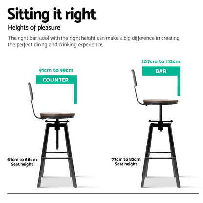 Swivel Adjustable Industrial Bar Stool w/backrest – Black Metal Frame & Elm Wood Seat