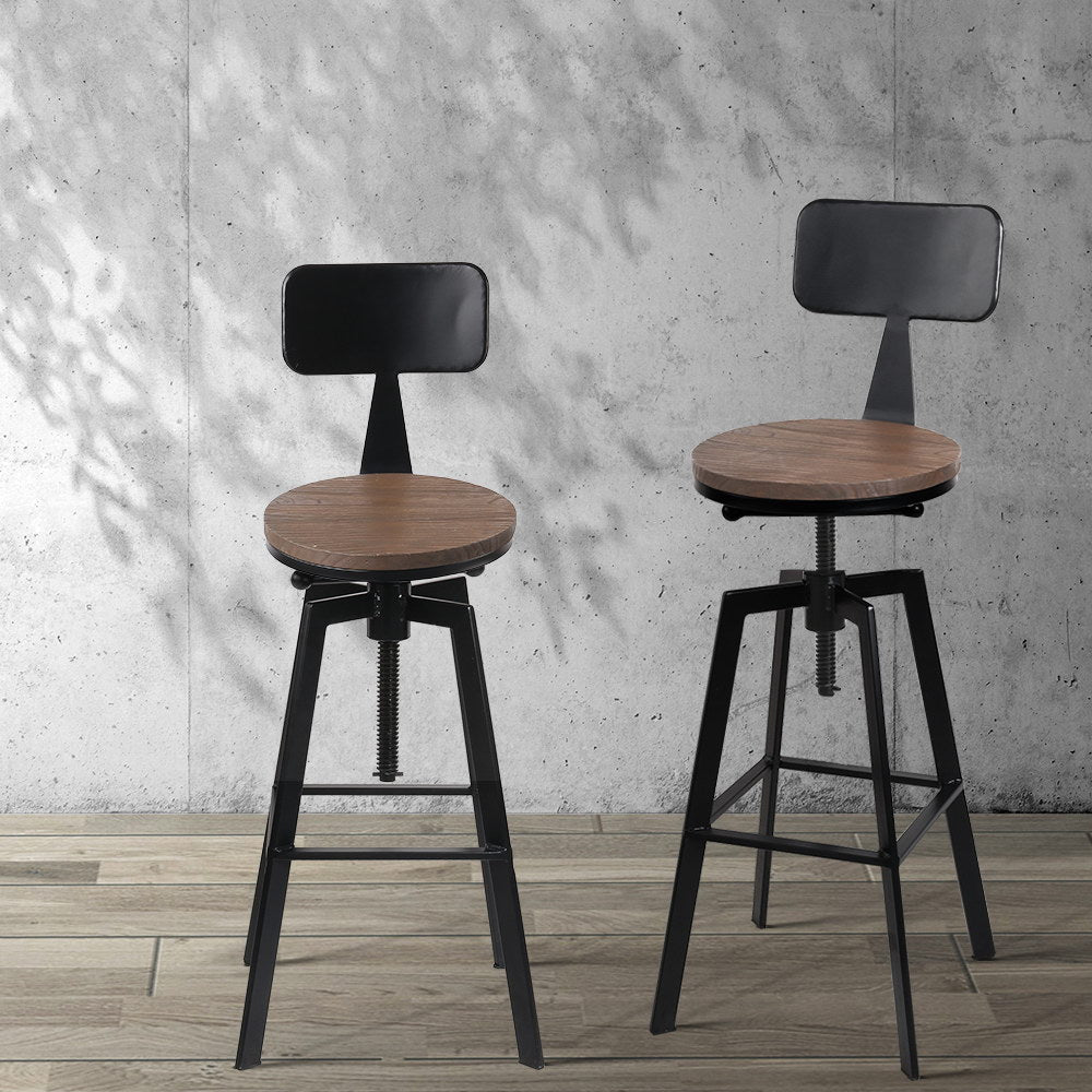 Swivel Adjustable Industrial Bar Stool w/backrest – Black Metal Frame & Elm Wood Seat