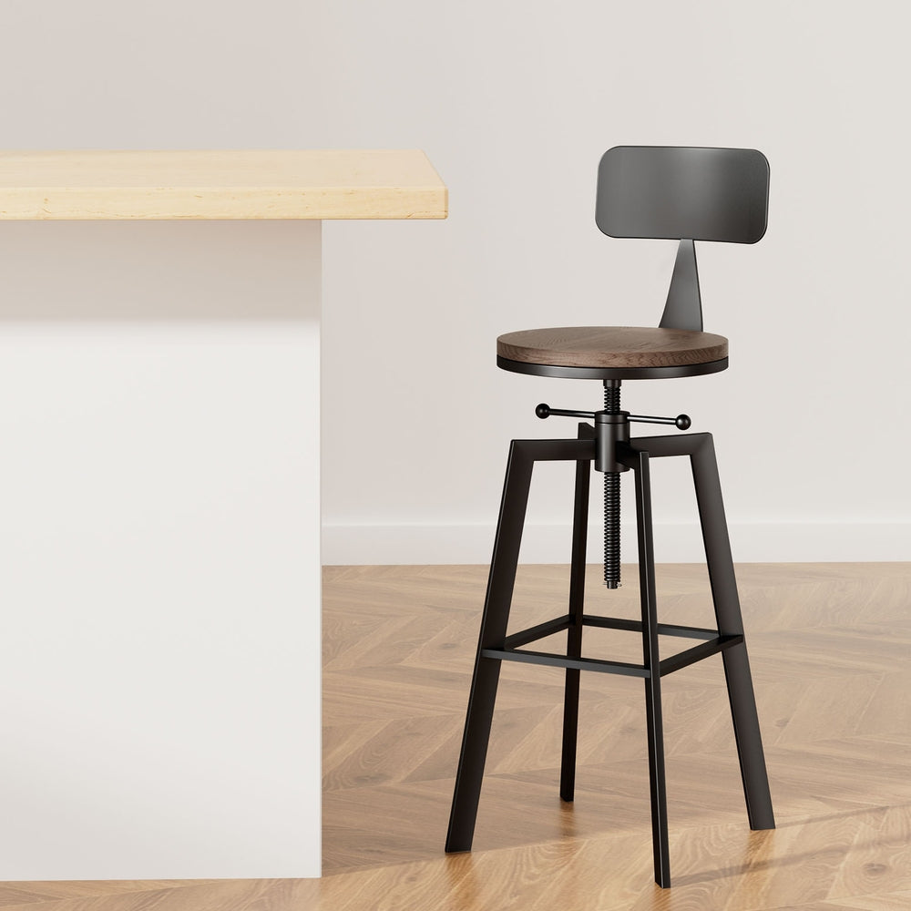 Swivel Adjustable Industrial Bar Stool w/backrest – Black Metal Frame & Elm Wood Seat